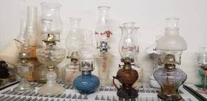 lot 56 image: Collection of Large Hurricane Lamps Glass, Wood and Metal