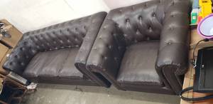 lot 1 image: Dark Brown Bonded Leather Sofa (92x 37 x 33) and Matching Arm Chair (43 x 37 x 33) Approx. with Button Tufted Back and Arms