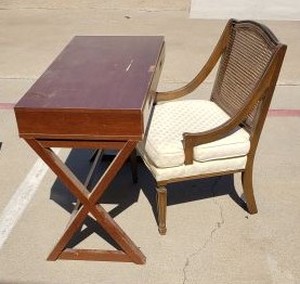 lot 80 image: Sauder Secretary Desk and Upholstered Cane Back Armchair