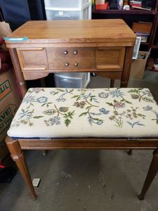 lot 100 image: Sewing machine table (no sewing machine) and Padded Bench with Embroidered Pattern
