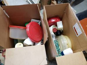 lot 24 image: Plastic Kitchenware, Covered Egg Holder, Covered Cake Holder, Covered VeggieDip Holder, Misc. Pans and Cups