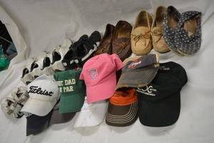 lot 238 image: Golf Hats, Mens Golf Shoes (size 7M) and Ladies (size 7.5) FootJoy Golfing Shoes, Pumas (size 7),