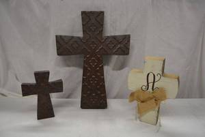 lot 244 image: Decorative Crosses 2 are matching metal, 1 is wooden