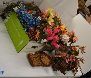 lot 251 image: Artificial Flowers and Vase plus wicker cornucopia