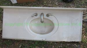 lot 280 image: Porcelain bath vanity sink plus faucet hardware attached
