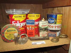 lot 107 image: Vintage mid-century tin coffee cans plus as shown