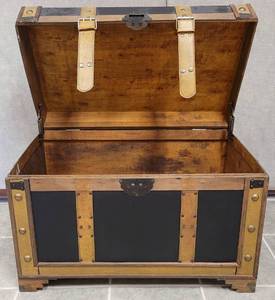 lot 2 image: 30 W x 19 D x 20.5 H VINTAGE CHEST WITH LEATHER STYLE ACCENTS IN STYLE, COLOR, AND CONDITION SHOWN.