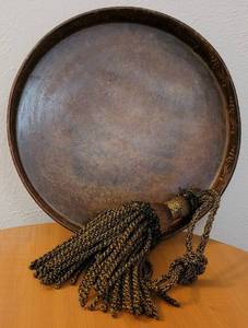 lot 10 image: DECORATIVE RUSTIC STYLE TRAY AND TASSEL IN STYLE, COLOR, AND CONDITION SHOWN.