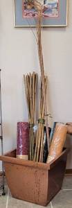 lot 36 image: LARGE SIZE 15 x 15 X 11.5 H METAL PLANTER WITH CONTENTS INCLUDING ROLLS OF MESH RIBBON AND MORE AS SHOWN.