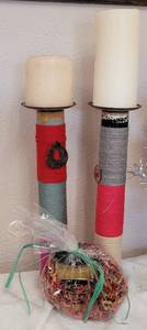 lot 45 image: LOT OF CUSTOM MADE CANDLE STICK HOLDERS PLUS CANDLE IN STYLES, COLORS, AND CONDITION SHOWN.