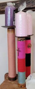 lot 49 image: LOT OF CUSTOM MADE CANDLE STICK HOLDERS AND CANDLES IN STYLES, COLORS, AND CONDITION SHOWN.