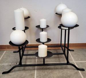 lot 50 image: WROUGHT IRON STYLE 9-CANDLE HOLDER WITH CANDLES AS SHOWN.