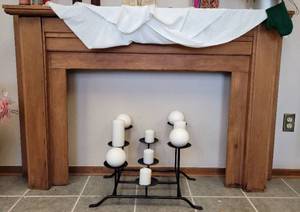 lot 51 image: LARGE SIZE 59 W x 9 D x 38.5 H VINTAGE WOODEN MANTLE IN STYLE, COLOR, AND CONDITION SHOWN.