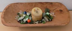 lot 56 image: RUSTIC STYLE CARVED WOOD BOWL WITH CONTENTS AS SHOWN.
