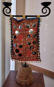lot 74 image: INDIAN BANJARA STYLE NEEDLE CRAFT ON A WOOD AND METAL STAND AS SHOWN. 12.75 W x 21.75 H