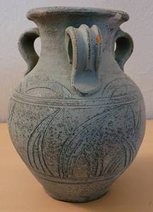 lot 84 image: POTTERY STYLE URN WITH THREE HANDLES IN STYLE, COLOR, AND CONDITION SHOWN.