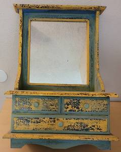 lot 106 image: VINTAGE WOODEN MIRRORED JEWELRY CHEST WITH DRAWERS IN STYLE, COLOR, AND CONDITION SHOWN. 17.25 W x 9 D x 24.5 H