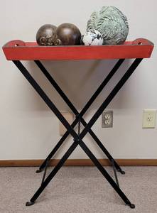 lot 164 image: 24 W x 15 D x 33 H DECORATIVE  ACCENT TRAY WITH IRON STAND IN STYLE, COLOR, AND CONDITION SHOWN. CONTENTS NOT INCLUDED