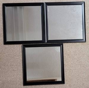 lot 171 image: LOT OF 3 MAINSTAYS BLACK FRAME MIRRORS AS SHOWN. APPROX. 16 x 16 EACH.