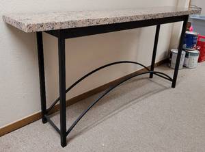 lot 174 image: MARBLE TOP WITH METAL FRAME TABLE IN STYLE, COLOR, AND CONDITION SHOWN. TOP IS DETACHED FOR EASY LOADINGTRANSPORTING. HEAVY  60.75 L x 12.5 D x 28.5 H