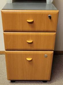 lot 195 image: WOODEN FILING CABINET WITH DRAWERS IN STYLE, COLOR, AND CONDITION SHOWN. 15.75 W x 20 D x 28.25 H