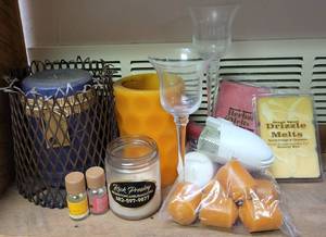 lot 206 image: LOT OF CANDLES, HOLDERS, WAX AS SHOWN.