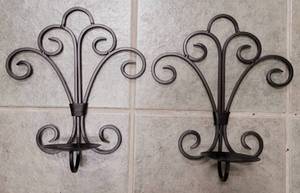 lot 213 image: LOT OF 2 WROUGHT IRON STYLE CANDLE HOLDER SCONCES AS SHOWN. (YOUR BID X 2) 10.5 W x 12.5 H EACH
