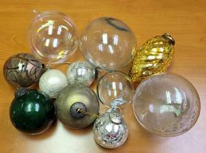 lot 218 image: LOT OF 11 GLASS ORNAMENTS IN STYLES, COLORS, AND CONDITION SHOWN. (YOUR BID X 11)