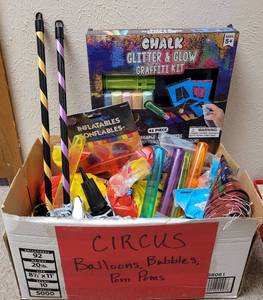 lot 219 image: PARTY ACCESSORIES INCLUDING CHALK GRAFFITI KIT, BALLOONS, POM POMS, AND MORE AS SHOWN.
