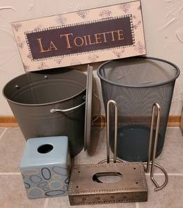 lot 229 image: TRASH CANS, FRAME, KLEENEX BOX COVERS, AND MORE AS SHOWN.