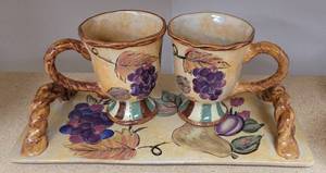 lot 254 image: CERAMIC TRAY WITH MATCHING COFFEE MUGS IN STYLE, COLOR, AND CONDITION SHOWN.