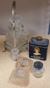 lot 269 image: VINTAGE ITEMS INCLUDING READING GLASSES WITH SLEEVE, DR. PALMERS ALMOMEAL COMPOUND CONTAINER AND MORE AS SHOWN.
