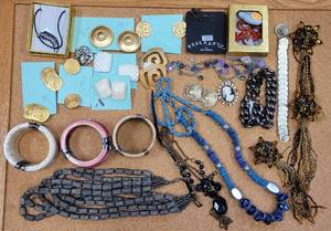 lot 297 image: ASSORTED BRACELETS, NECKLACES, EARRINGS AND MORE IN STYLES, COLORS, AND CONDITION SHOWN.