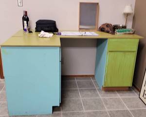 lot 316 image: LARGE WOOD CABINETS WITH TOP IN DESK STYLE AS SHOWN. CONTENTS NOT INCLUDED 72 W X 43 D x 35 H