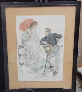 lot 318 image: FRAMED ANTIQUE MAKING HAY GRIGNARD LITHOGRAPH IN STYLE, COLOR, AND CONDITION SHOWN. COPYRIGHT 1905 BY CHARLES SCRIBNERS SONS NY.