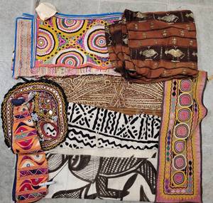 lot 320 image: LOT OF TRIBAL KUTCHI EMBROIDERED BORDERS IN STYLES, COLORS, AND CONDITION SHOWN. HAND MADE IN INDIA.