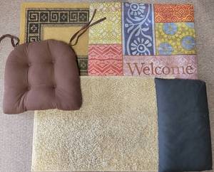 lot 337 image: ASSORTED MATS AND CUSHION AS SHOWN.