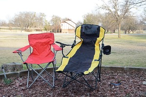 lot 22 image: Assorted lawn armchairs including several Ozark Trail chairs, kids beach gear and tent, and inflatable kids swimming pool