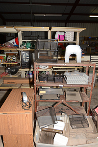 lot 218 image: Movable desk, storage shelf & miscellaneous storage containers