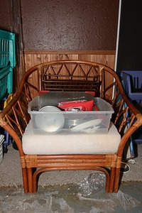 lot 73 image: Rattan Frame Patio Chair and Assorted Kitchen Items