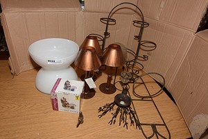lot 60 image: Glass flower pot, candle holders, and mini lamps