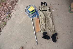 lot 69 image: Bone Dry Red Dread fishing pants, Lunker Board fish cutter, & fishing net