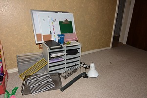 lot 78 image: Assorted office equipment & supplies including white boards, storage, office lamp, & mini-replica City of Fort Worth trash can