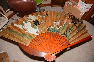 lot 141 image: 2 large folding fans with Asian themes