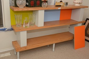lot 511 image: Danish Style Double Sided Storage Cabinet With Oak Wood Veneer Shelves