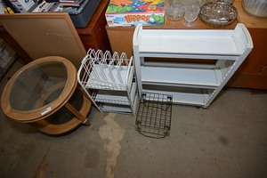 lot 455 image: Wooden and glass side table, wire rack, and rolling spice rack