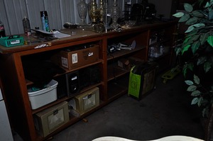 lot 284 image: Wooden multi-level tool storage shelf contents not included