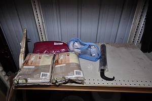 lot 255 image: Natural embroidered window drapes, umbrella, & bath set