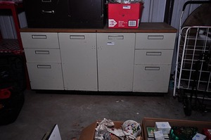 lot 245 image: Multi-faceted metal storage cabinet with wood finish top