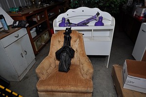 lot 322 image: Twinfull size bed headboard with purple bed lamps, sitting chair, & Coast camera tripod